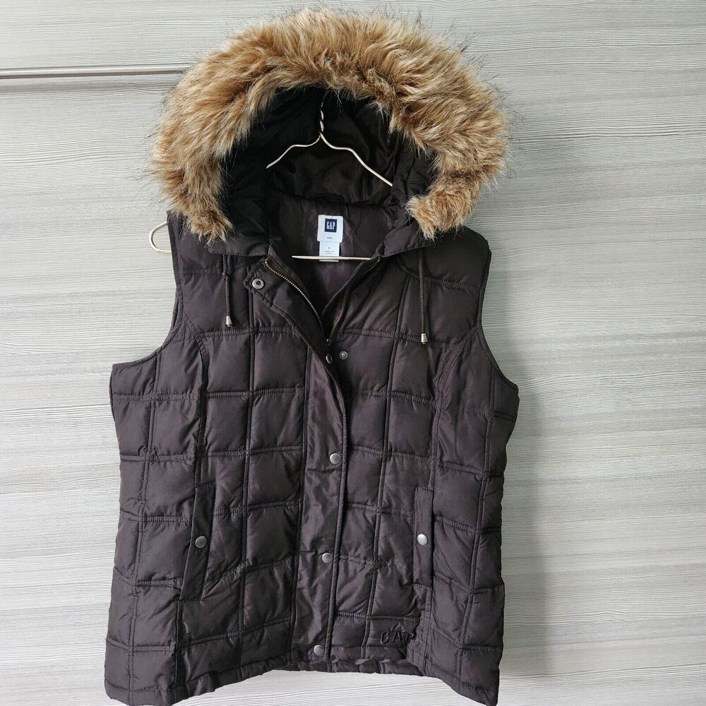 Gap Puffer Vest Women Large Brown Faux Fur Trim Detachable Hood Quilted 518575